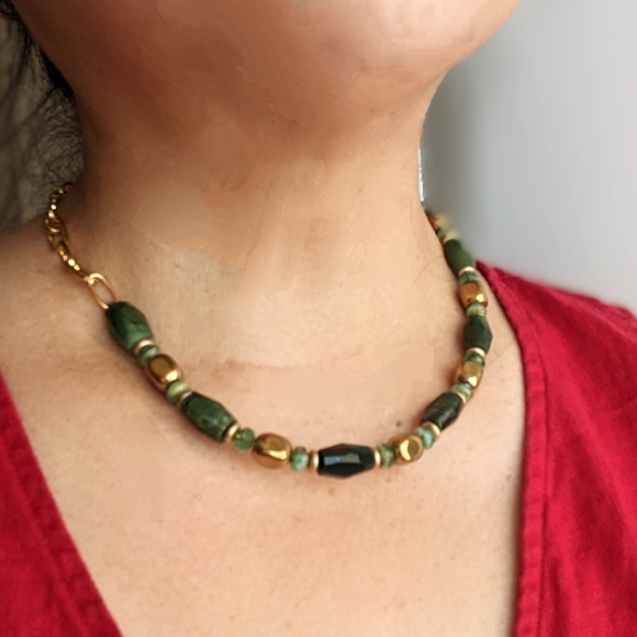 Large Natural Green Jade Barrel, Picasso Beads & Gold Nugget Bead Bracelet - Picture 5 of 5